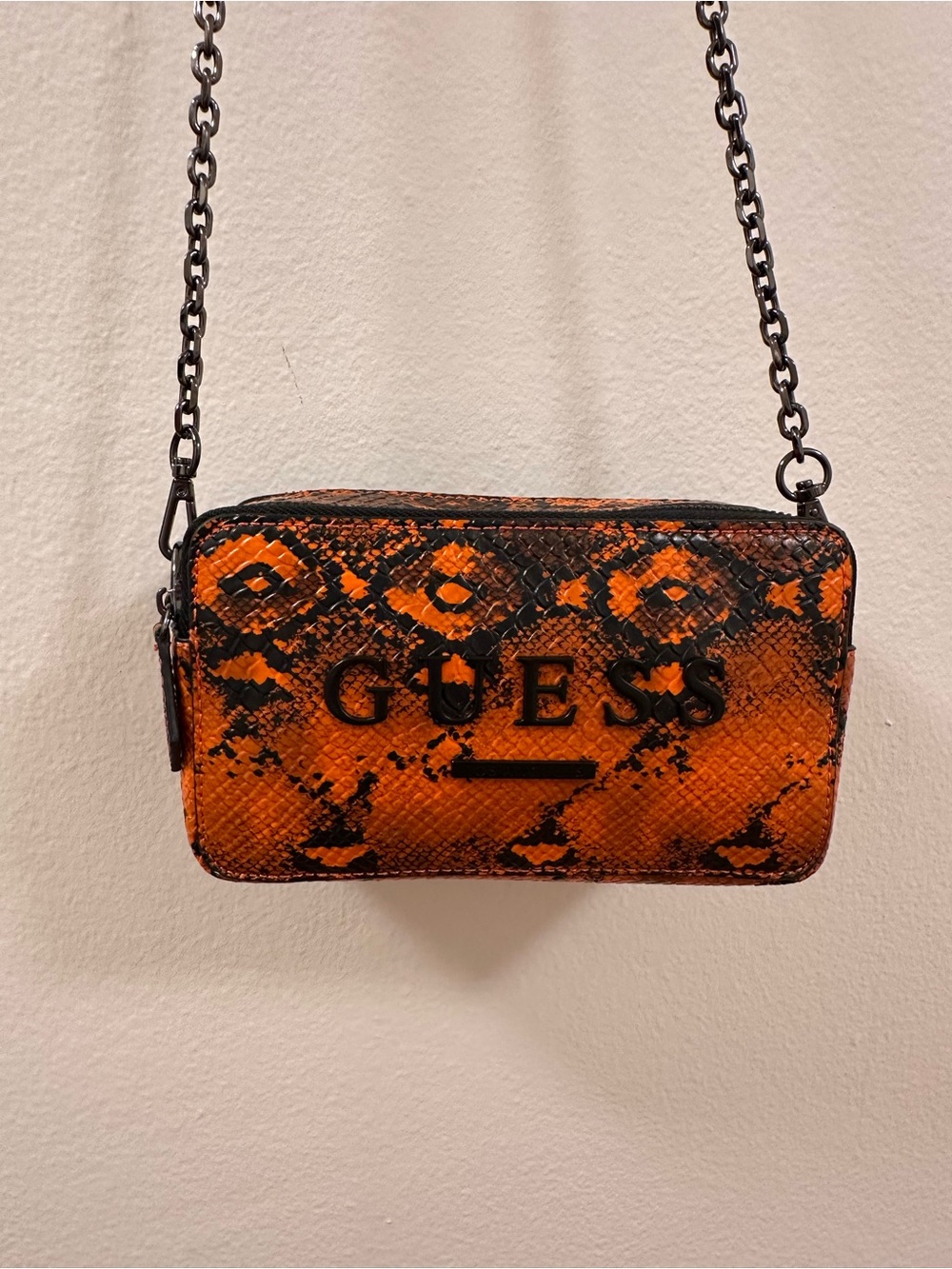 GUESS Orange and Black Snake-Print Crossbody Bag